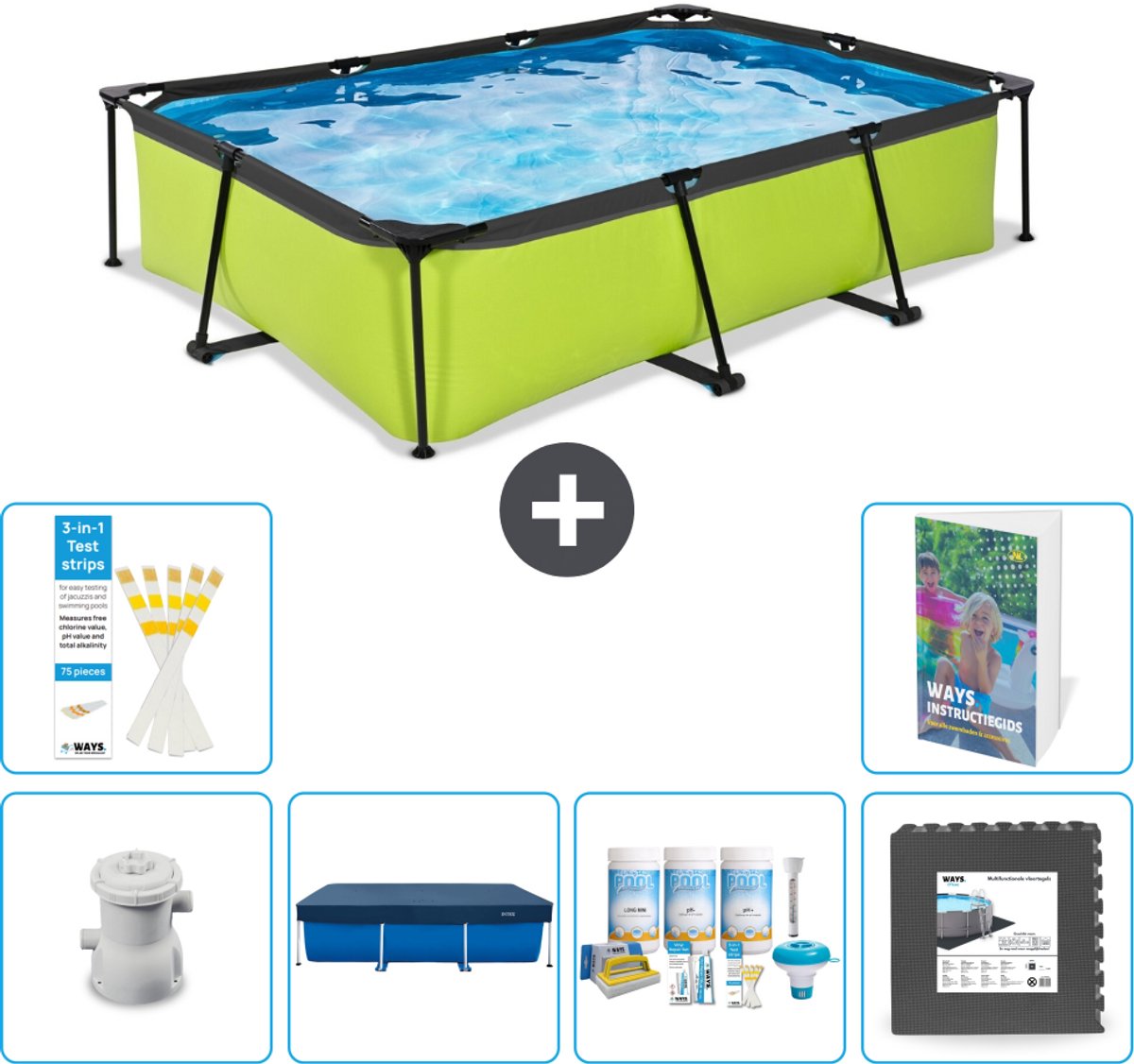 EXIT Rechthoekig Lime Frame Zwembad - 300 x 200 x 65 cm - Inclusief Pomp - Afdekzeil - Onderhoudspakket - Vloertegels - 7-delig