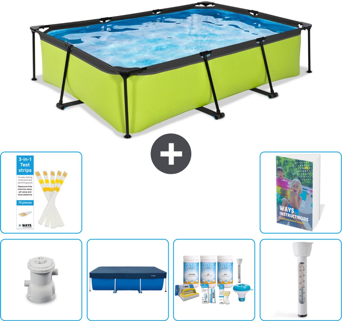 EXIT Rechthoekig Lime Frame Zwembad - 300 x 200 x 65 cm - Inclusief Pomp - Afdekzeil - Onderhoudspakket - Thermometer - 7-delig