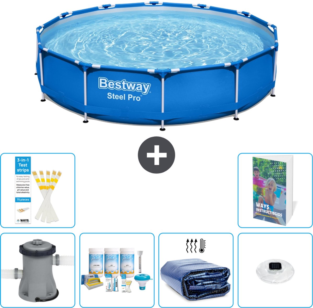 Bestway Rond Steel Pro Zwembad - 366 x 76 cm - Blauw - Inclusief Pomp - Onderhoudspakket - Solarzeil - Verlichting - 7-delig