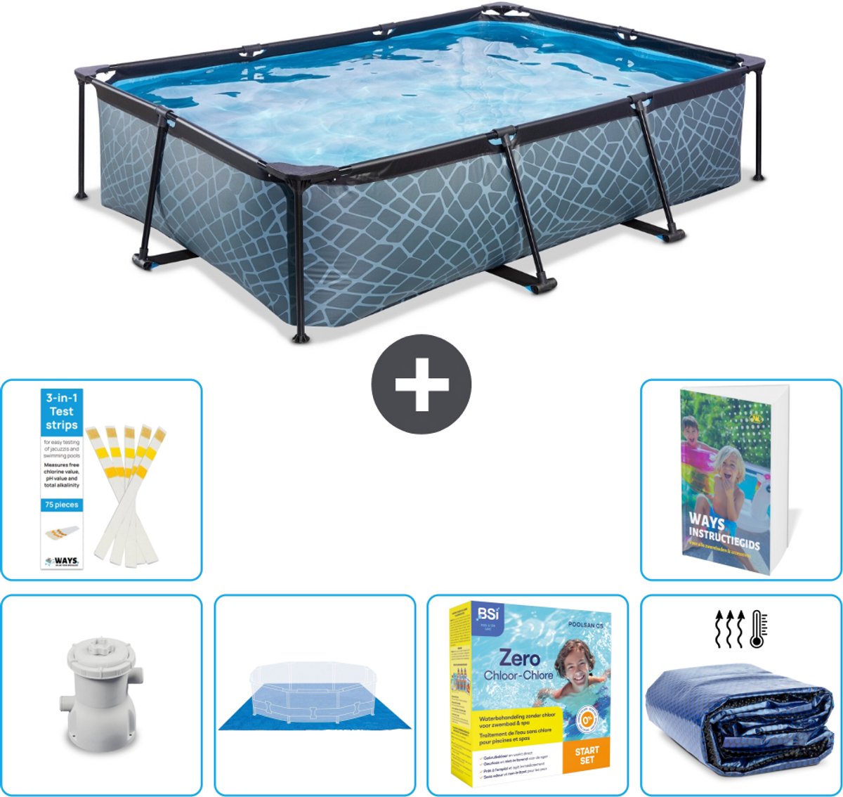 EXIT Rechthoekig Stone Frame Zwembad - 300 x 200 x 65 cm - Inclusief Pomp - Grondzeil - Onderhoudspakket - Solarzeil - 7-delig
