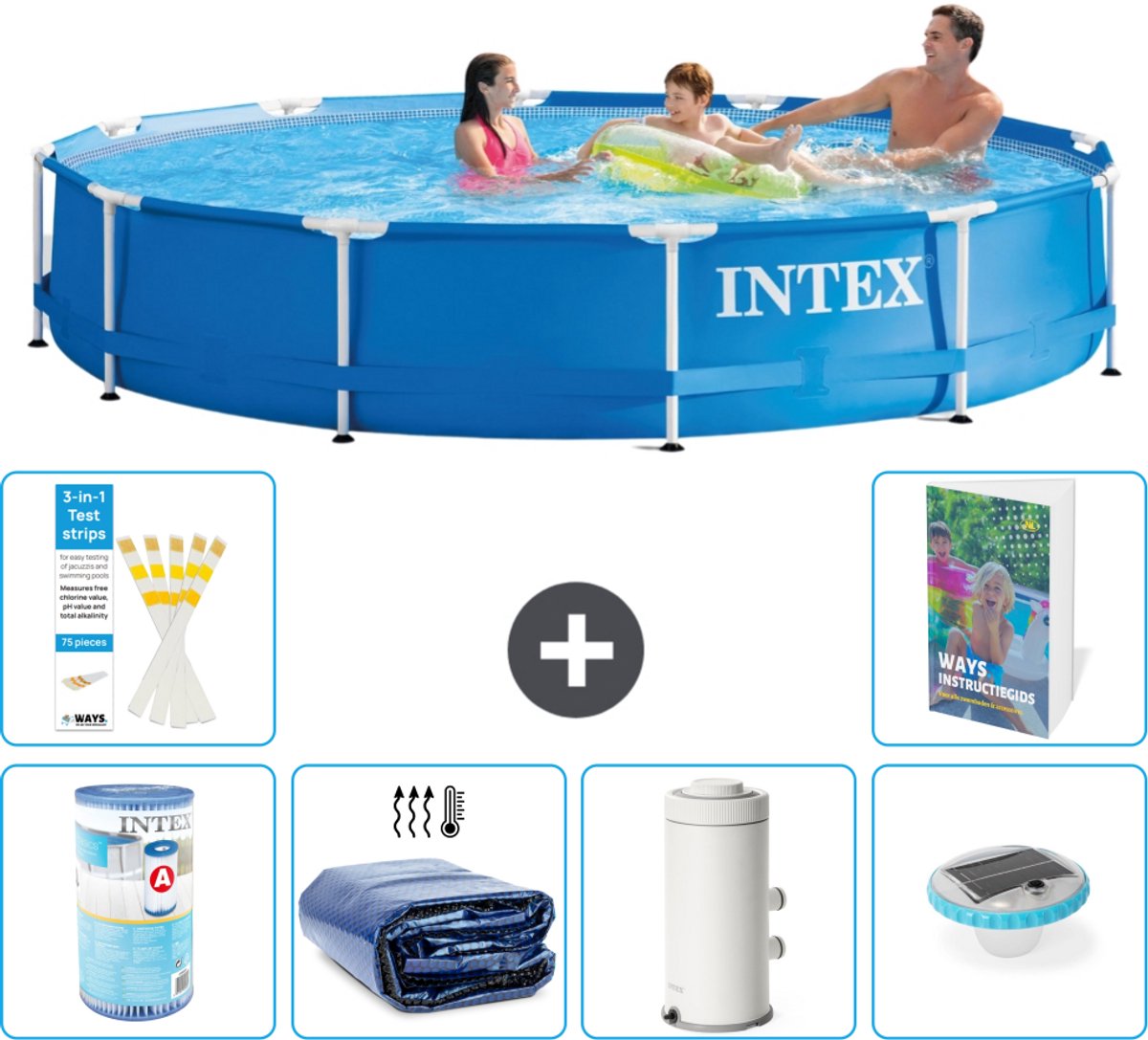 Intex Rond Frame Zwembad - 366 x 76 cm - Blauw - Inclusief Filter - Solarzeil - Zwembadfilterpomp - Verlichting - 7-delig
