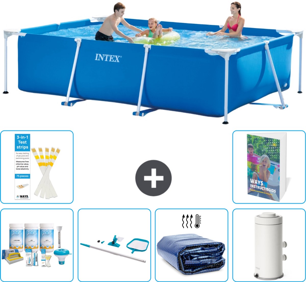 Intex Rechthoekig Frame Zwembad - 300 x 200 x 75 cm - Blauw - Inclusief Onderhoudspakket - Schoonmaakset - Solarzeil - Zwembadfilterpomp - 7-delig