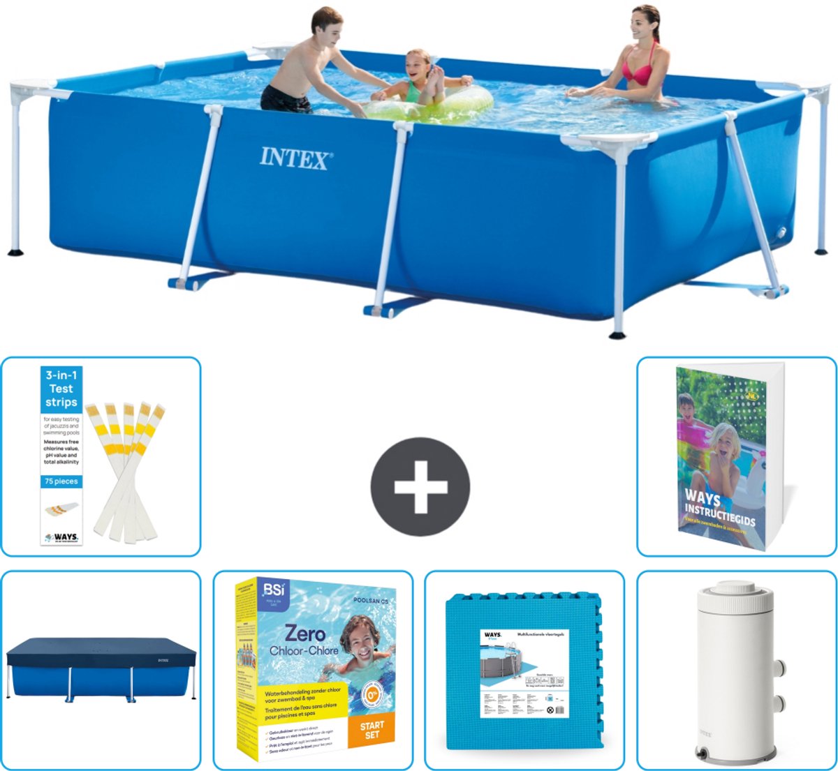 Intex Rechthoekig Frame Zwembad - 300 x 200 x 75 cm - Blauw - Inclusief Afdekzeil - Onderhoudspakket - Vloertegels - Zwembadfilterpomp - 7-delig