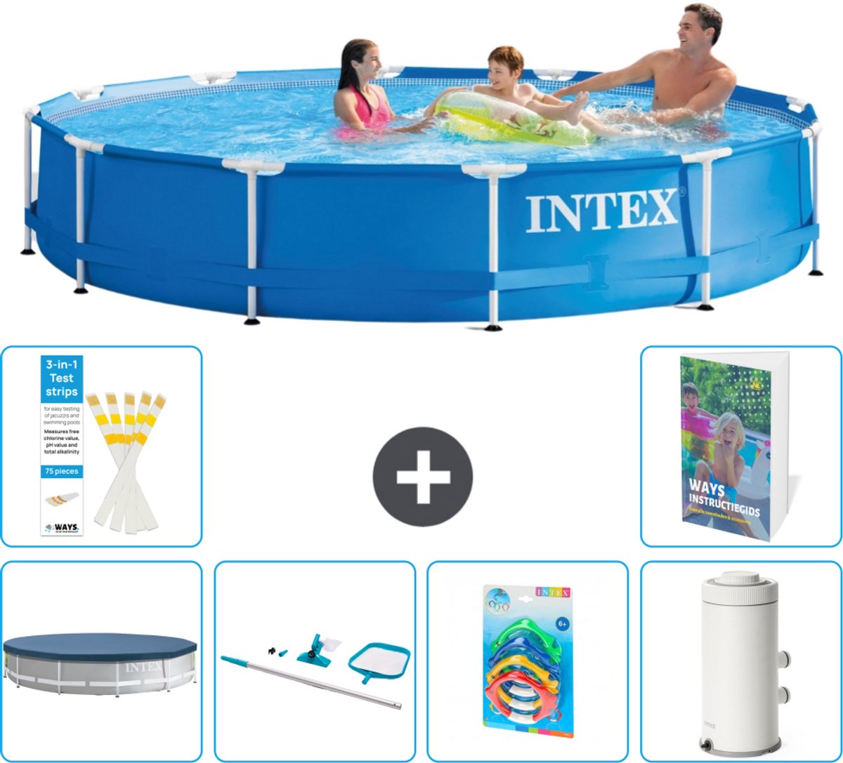 Intex Rond Frame Zwembad - 366 x 76 cm - Blauw - Inclusief Afdekzeil - Schoonmaakset - Speelgoed - Zwembadfilterpomp - 7-delig