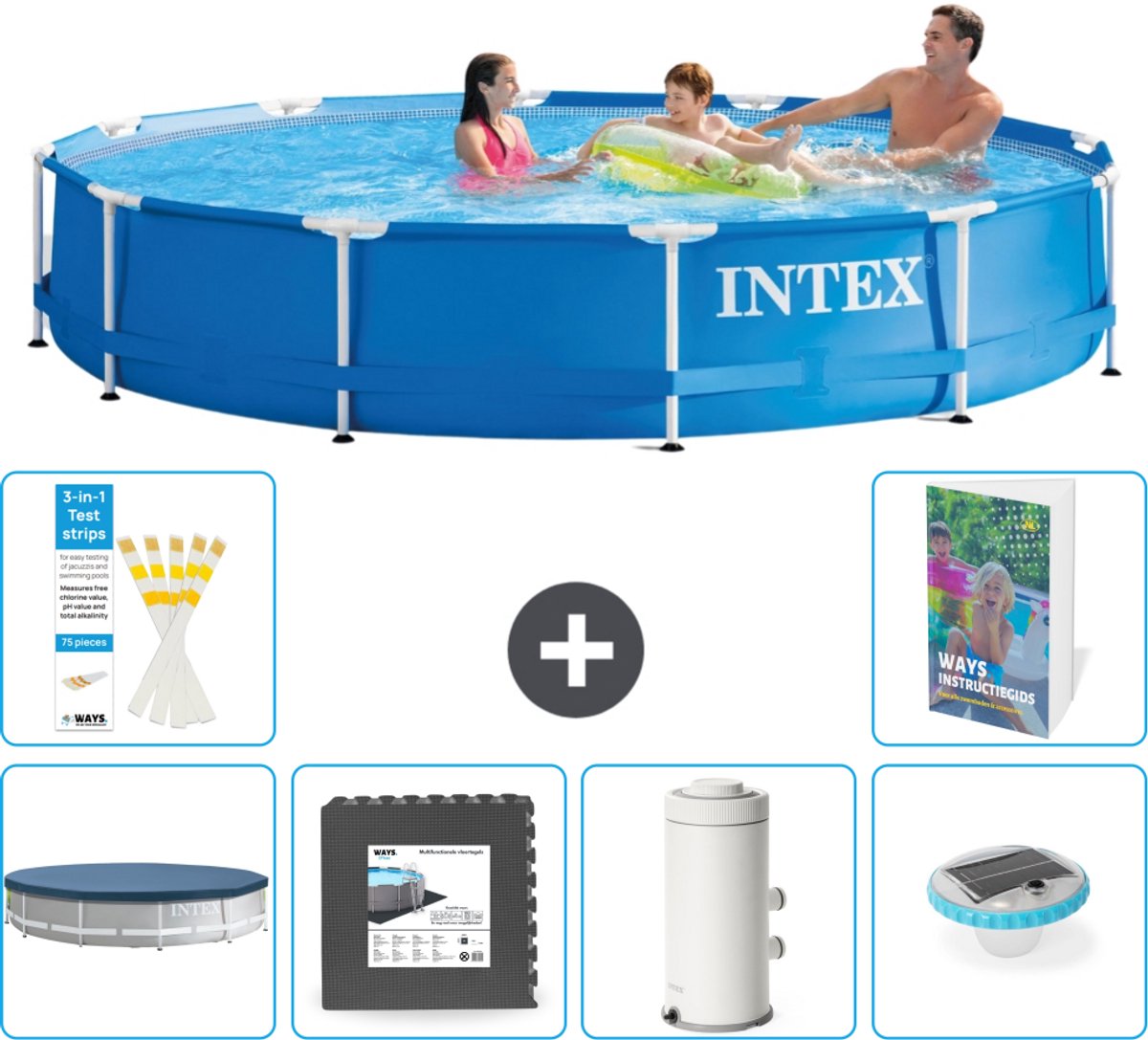 Intex Rond Frame Zwembad - 366 x 76 cm - Blauw - Inclusief Afdekzeil - Vloertegels - Zwembadfilterpomp - Verlichting - 7-delig
