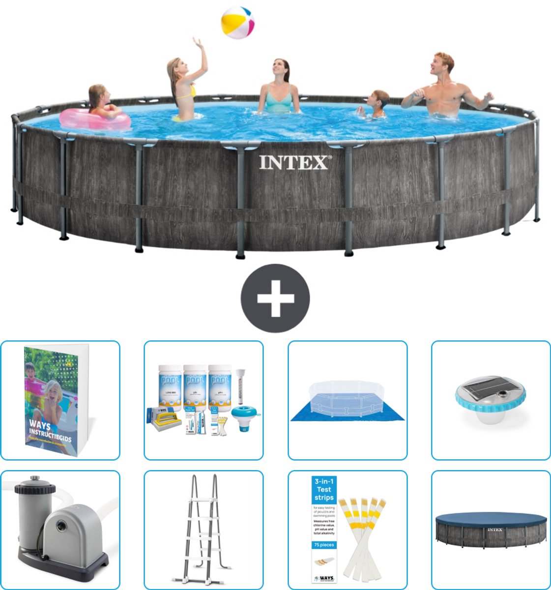 Intex Rond Prism Frame Greywood Zwembad - 549 x 122 cm - Inclusief Pomp - Ladder - Grondzeil - Afdekzeil - Onderhoudspakket - Verlichting - 9-delig