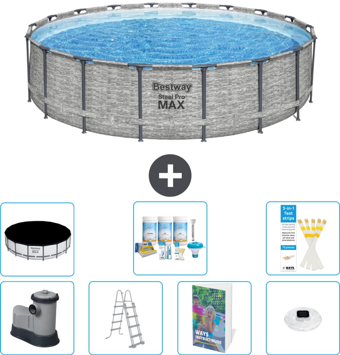 Bestway Rond Steel Pro MAX Zwembad - Steenprint - 549 x 122 - Inclusief Pomp - Ladder - Afdekzeil - Onderhoudspakket - Verlichting - 8-delig