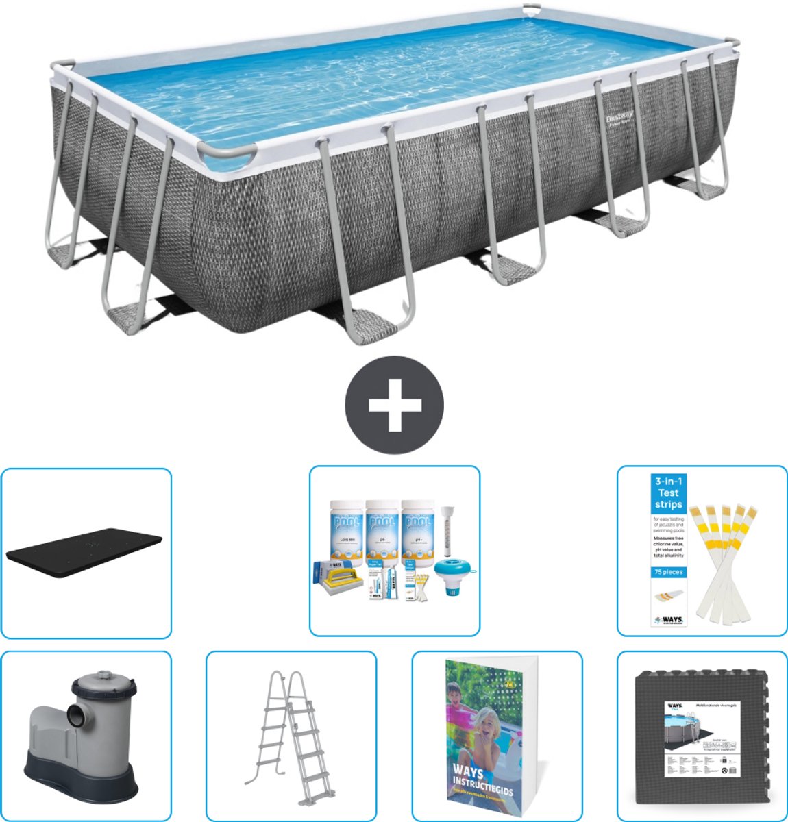 Bestway Rechthoekig Power Steel Zwembad - Rattanprint - 549 x 274 x 122 - Inclusief Pomp - Ladder - Afdekzeil - Onderhoudspakket - Vloertegels - 8-delig