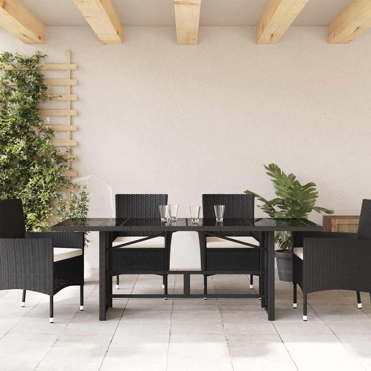 Polyrotan Tuintafel - Eettafel Buiten - Buiten Dineren - Gehard Glas - 190 x 80 x 74 cm - Zwart