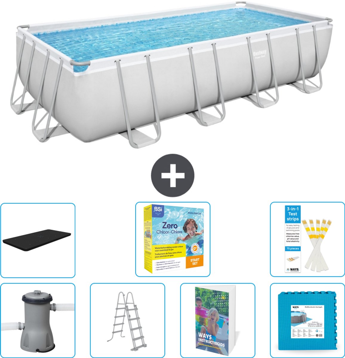 Bestway Rechthoekig Power Steel Zwembad - 488 x 244 x 122 - Grijs Inclusief Pomp - Ladder - Afdekzeil - Onderhoudspakket - Vloertegels - 8-delig