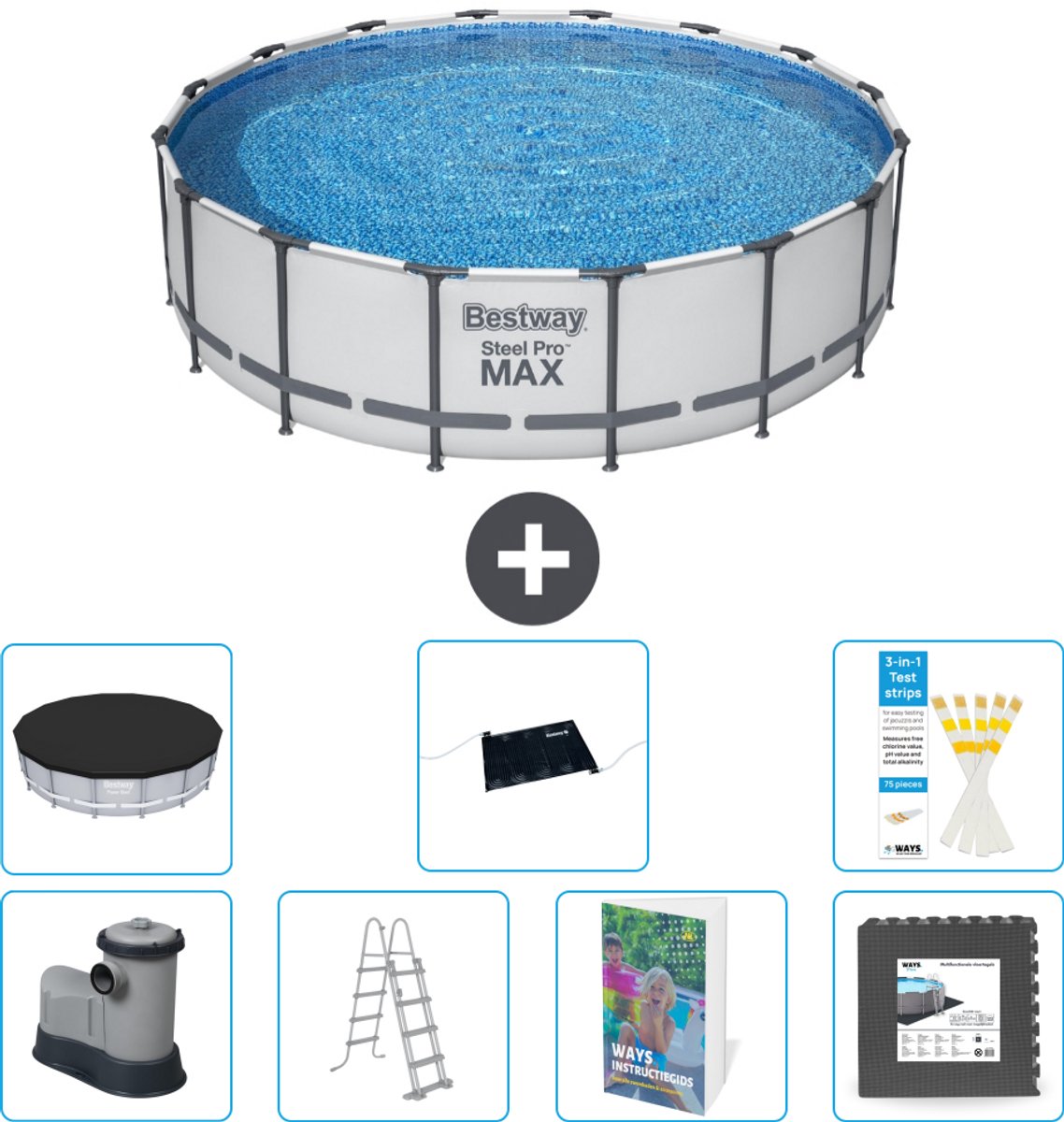 Bestway Rond Steel Pro MAX Zwembad - 488 x 122 cm - Grijs - Inclusief Pomp - Ladder - Afdekzeil - Solar Mat - Vloertegels - 8-delig