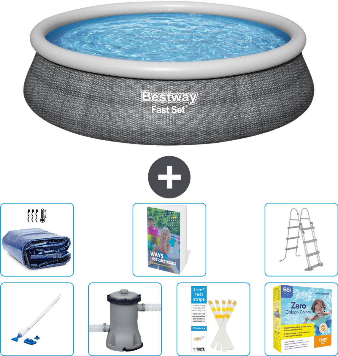 Bestway Rond Opblaasbaar Fast Set Zwembad - Rotanprint - 457 x 107 cm - Inclusief Pomp - Ladder - Onderhoudspakket - Solarzeil - Stofzuiger - 8-delig