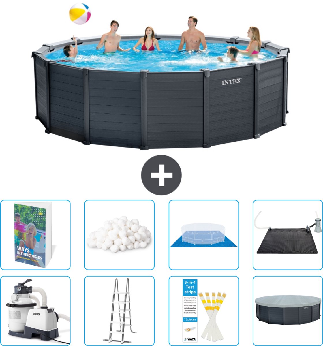 Intex Rond Graphite Gray Panel Zwembad - 478 x 124 cm - Inclusief Pomp - Ladder - Grondzeil - Afdekzeil - Filterbollen - Solar Mat - 9-delig