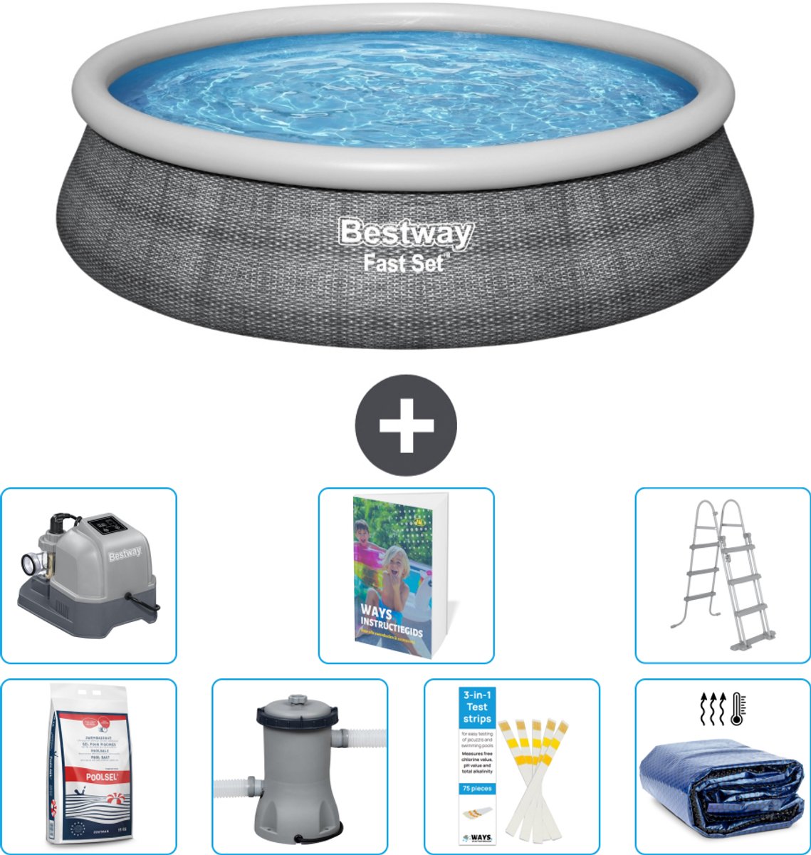 Bestway Rond Opblaasbaar Fast Set Zwembad - Rotanprint - 457 x 107 cm - Inclusief Pomp - Ladder - Solarzeil - Zoutwatersysteem - Zwembadzout - 8-delig