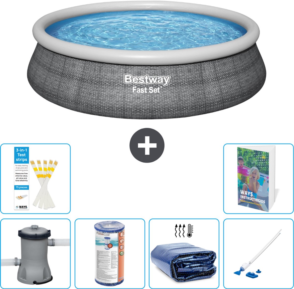 Bestway Rond Opblaasbaar Fast Set Zwembad - Rotanprint - 457 x 84 cm - Inclusief Pomp - Filter - Solarzeil - Stofzuiger - 7-delig