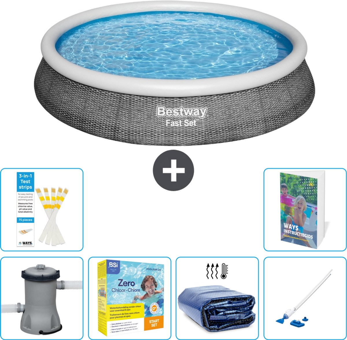 Bestway Rond Opblaasbaar Fast Set Zwembad - Rotanprint - 396 x 84 cm - Inclusief Pomp - Onderhoudspakket - Solarzeil - Stofzuiger - 7-delig