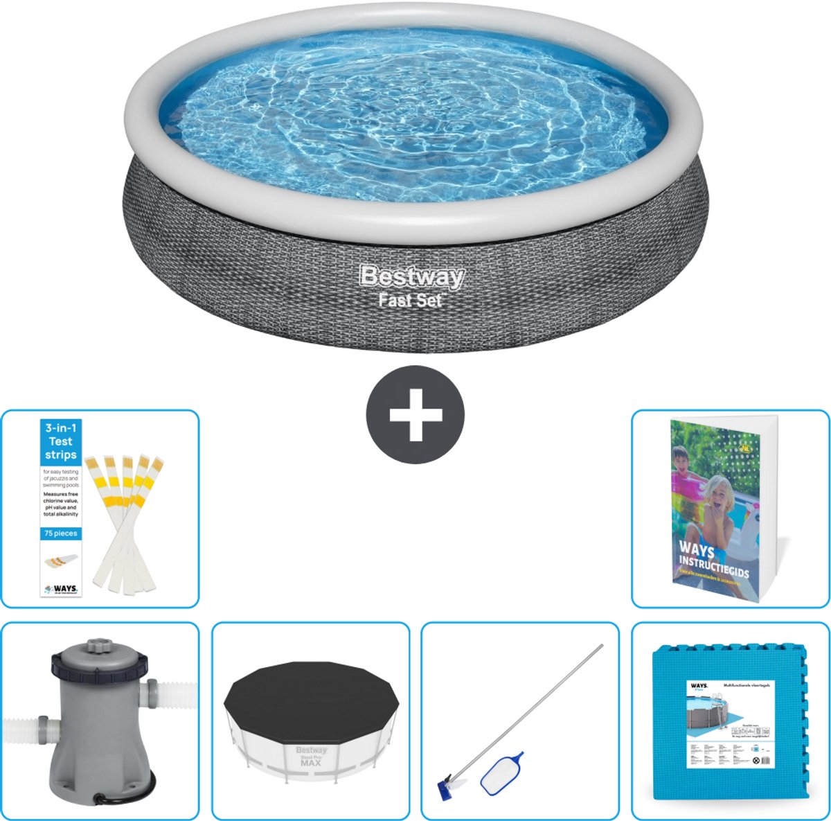 Bestway Rond Opblaasbaar Fast Set Zwembad - Rotanprint - 366 x 76 cm - Inclusief Pomp - Afdekzeil - Schoonmaakset - Vloertegels - 7-delig
