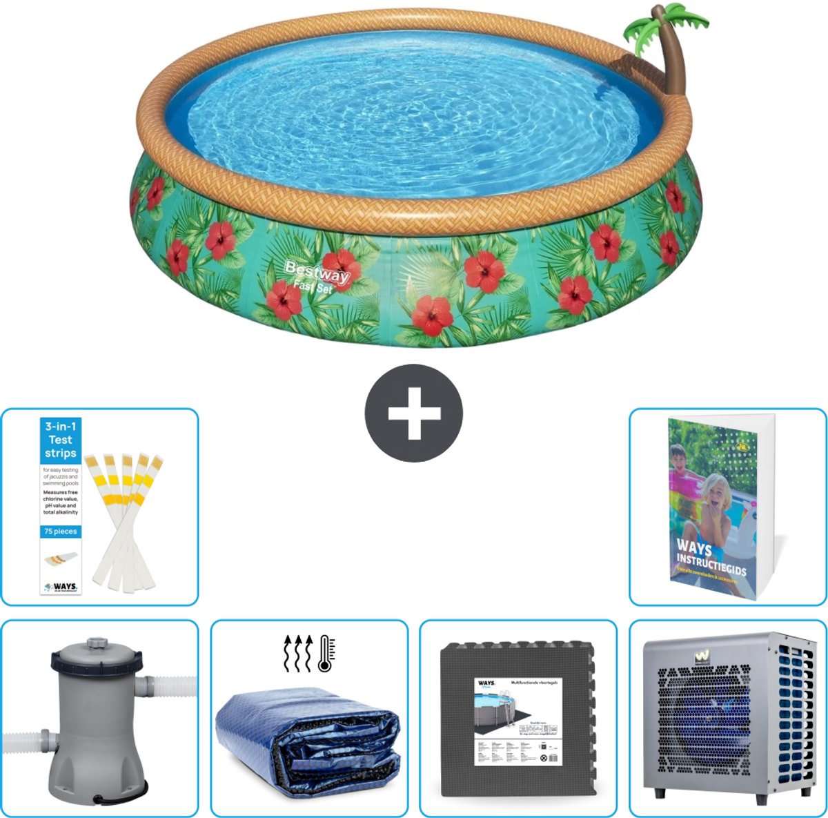 Bestway Rond Opblaasbaar Fast Set Zwembad - Paradijsprint - 457 x 84 cm - Inclusief Pomp - Solarzeil - Vloertegels - Warmtepomp - 7-delig