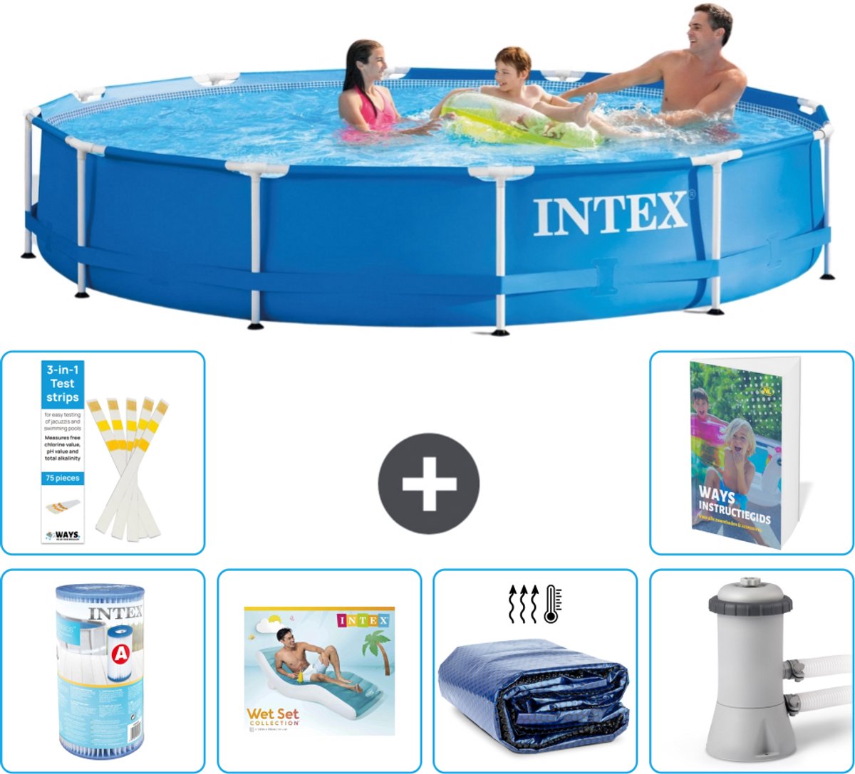 Intex Rond Frame Zwembad - 366 x 76 cm - Blauw - Inclusief Filter - Loungebed - Solarzeil - Zwembadfilterpomp - 7-delig