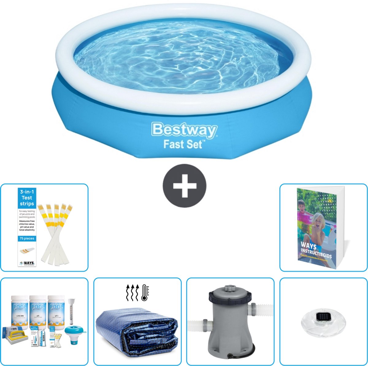 Bestway Rond Opblaasbaar Fast Set Zwembad - 305 x 66 cm - Blauw - Inclusief Onderhoudspakket - Solarzeil - Zwembadfilterpomp - Verlichting - 7-delig