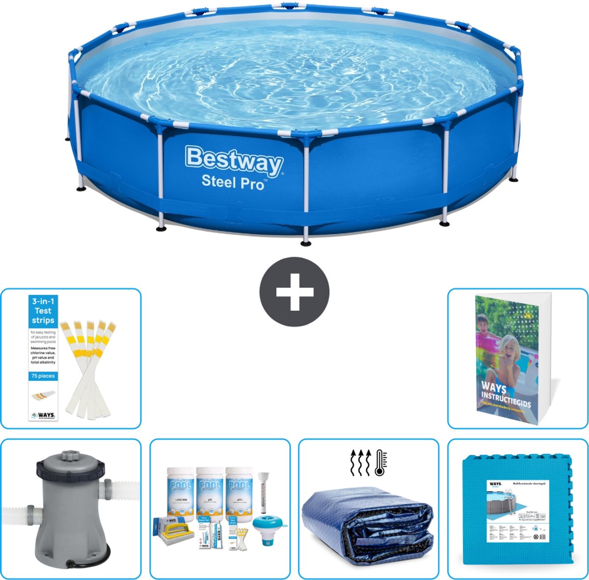 Bestway Rond Steel Pro Zwembad - 366 x 76 cm - Blauw - Inclusief Pomp - Onderhoudspakket - Solarzeil - Vloertegels - 7-delig