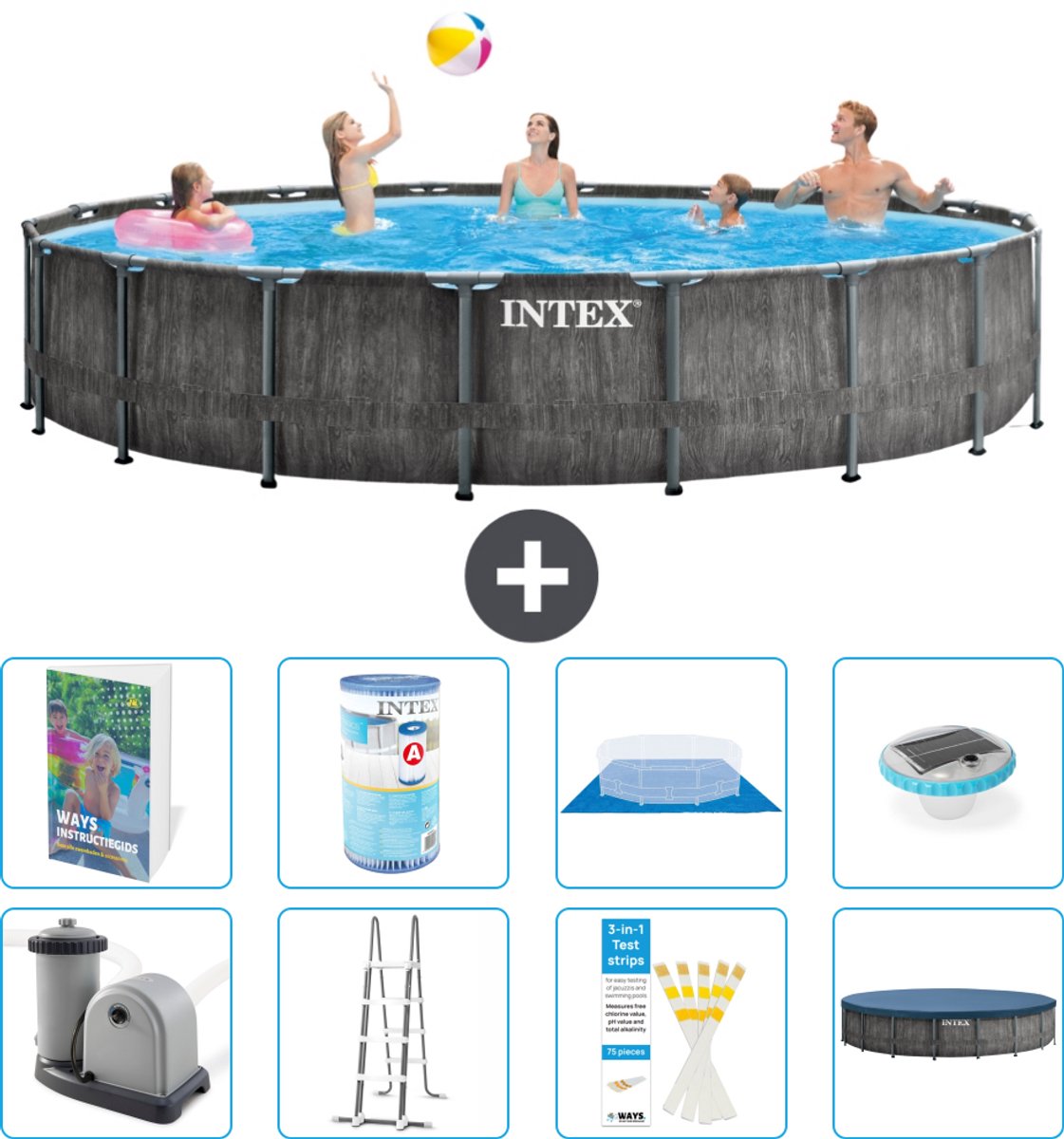 Intex Rond Prism Frame Greywood Zwembad - 549 x 122 cm - Inclusief Pomp - Ladder - Grondzeil - Afdekzeil - Filter - Verlichting - 9-delig