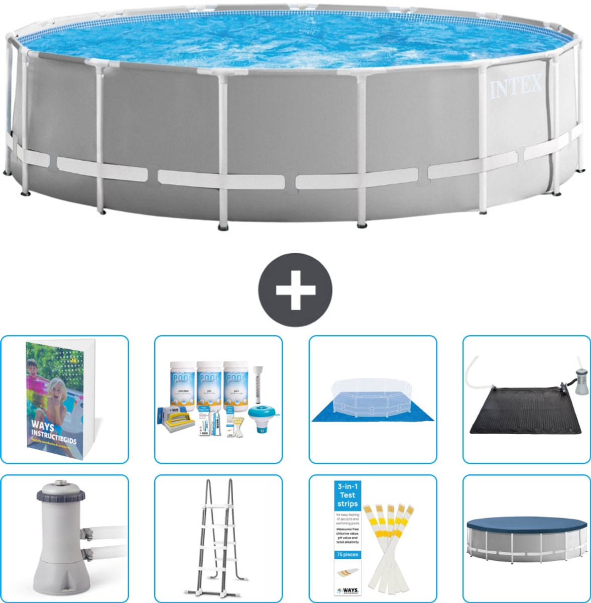 Intex Rond Prism Frame Zwembad - 457 x 122 cm - Grijs - Inclusief Pomp - Ladder - Grondzeil - Afdekzeil - Onderhoudspakket - Solar Mat - 9-delig