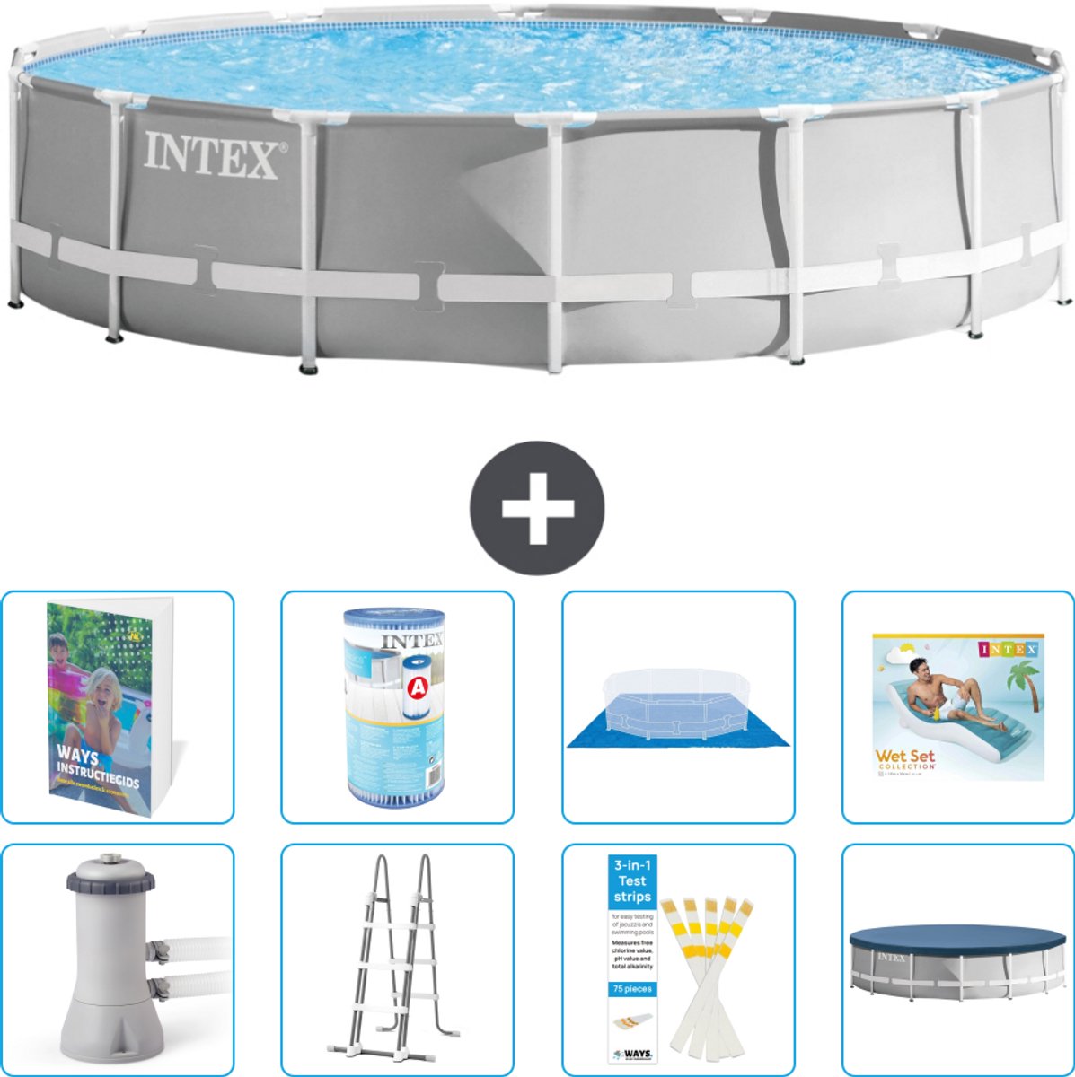 Intex Rond Prism Frame Zwembad - 427 x 107 cm - Grijs - Inclusief Pomp - Ladder - Grondzeil - Afdekzeil - Filter - Loungebed - 9-delig
