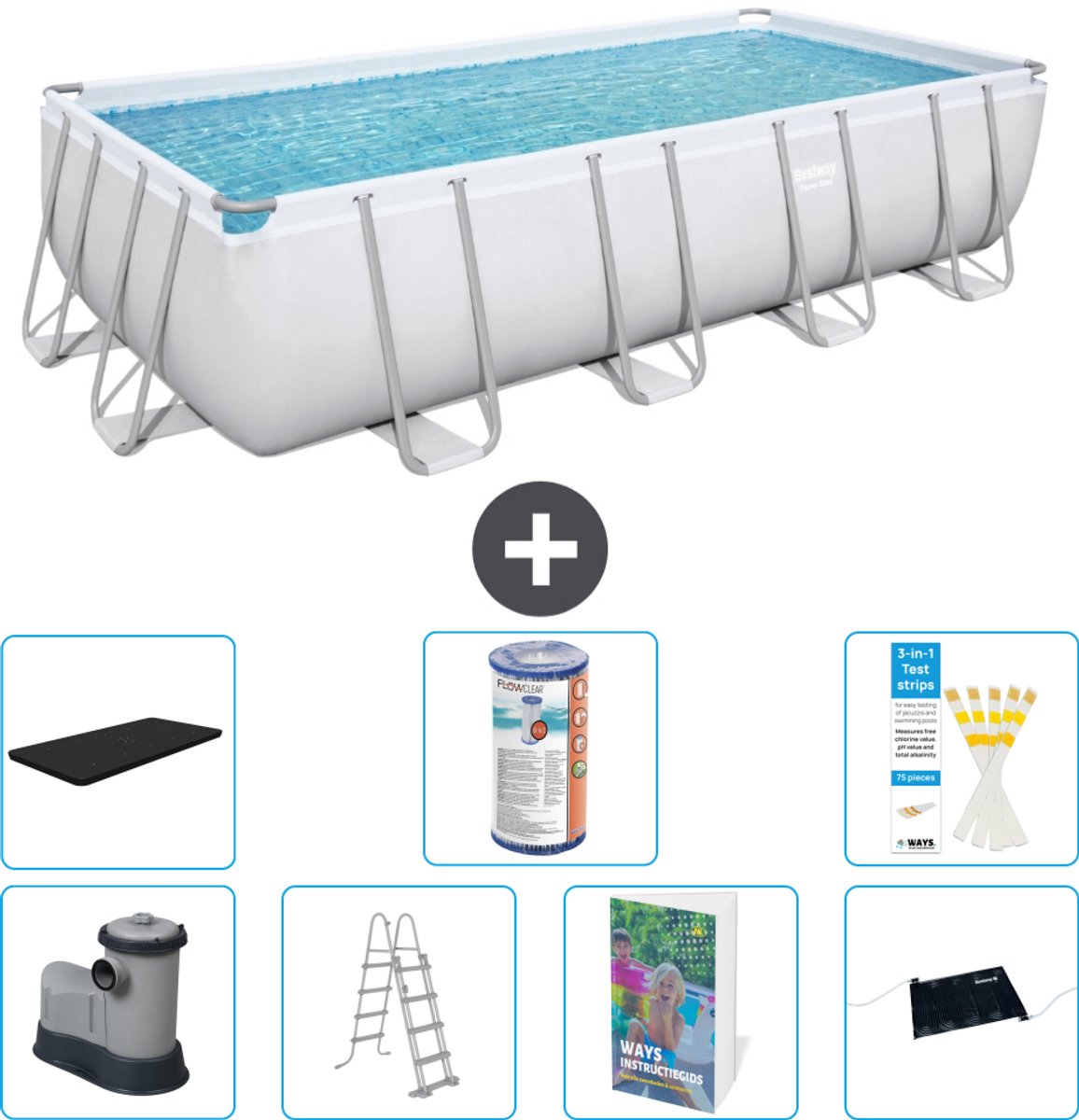 Bestway Rechthoekig Power Steel Zwembad - 549 x 274 x 122 - Grijs - Inclusief Pomp - Ladder - Afdekzeil - Filter - Solar Mat - 8-delig