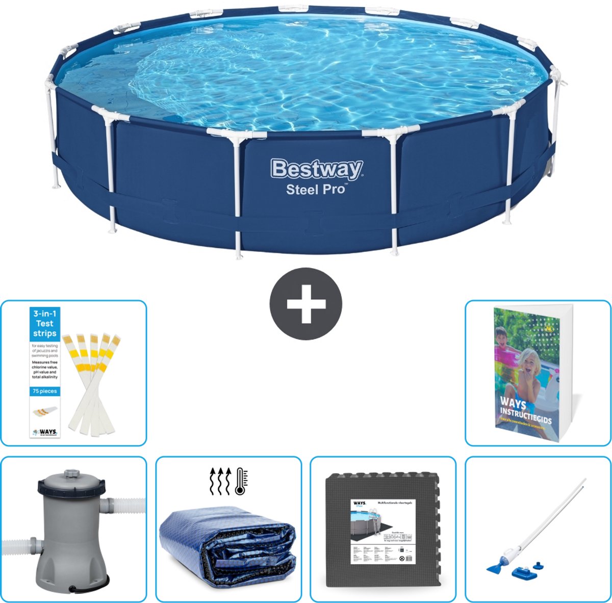 Bestway Rond Steel Pro Zwembad - 396 x 84 cm - Blauw - Inclusief Pomp - Solarzeil - Vloertegels - Stofzuiger - 7-delig