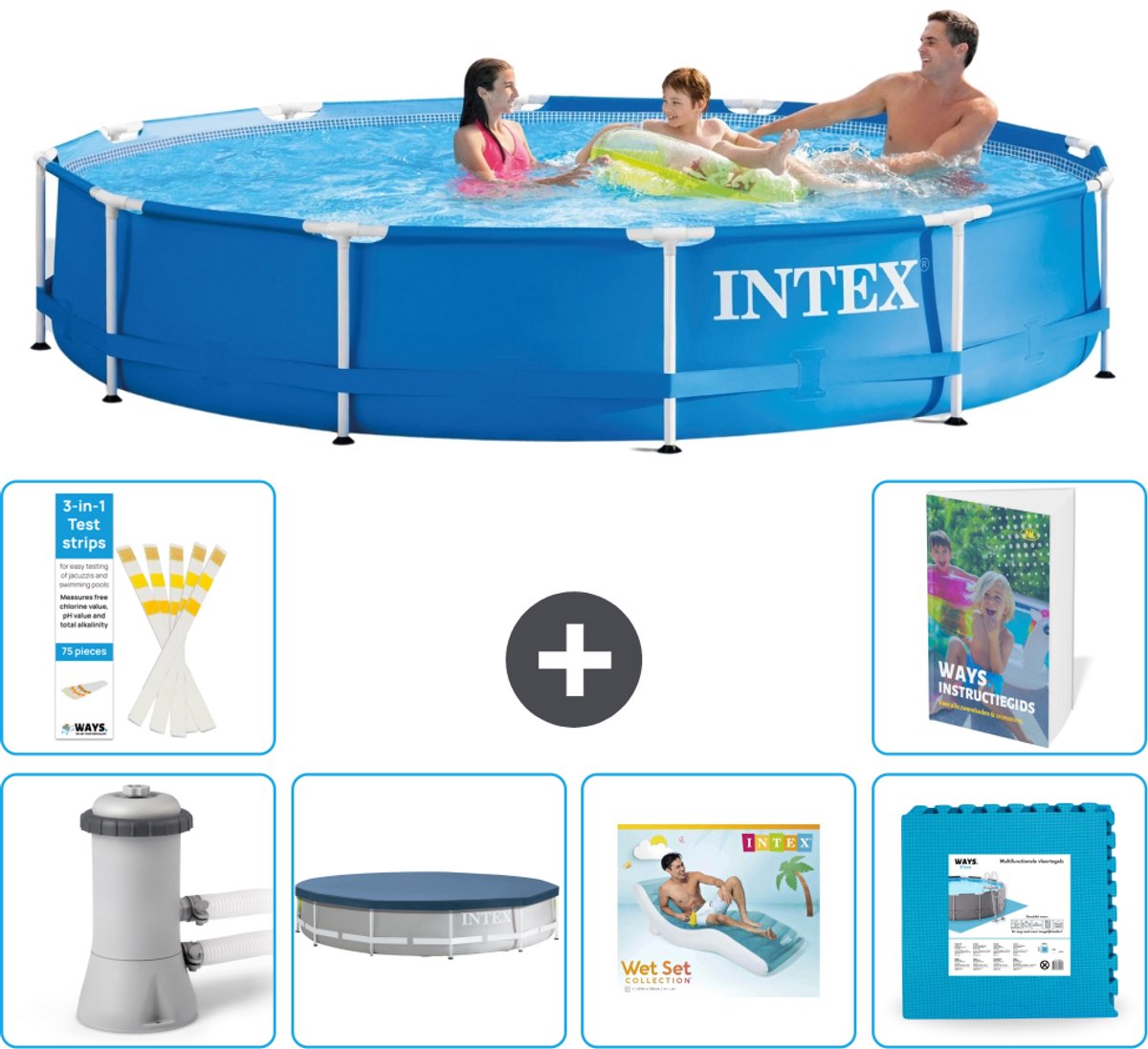 Intex Rond Frame Zwembad – 366 x 76 cm – Blauw – Inclusief Pomp – Afdekzeil – Loungebed – Vloertegels – 7-delig Intex Rond Frame Zwembad – 366 x 76 cm – Blauw – Inclusief Pomp – Afdekzeil – Loungebed – Vloertegels – 7-delig