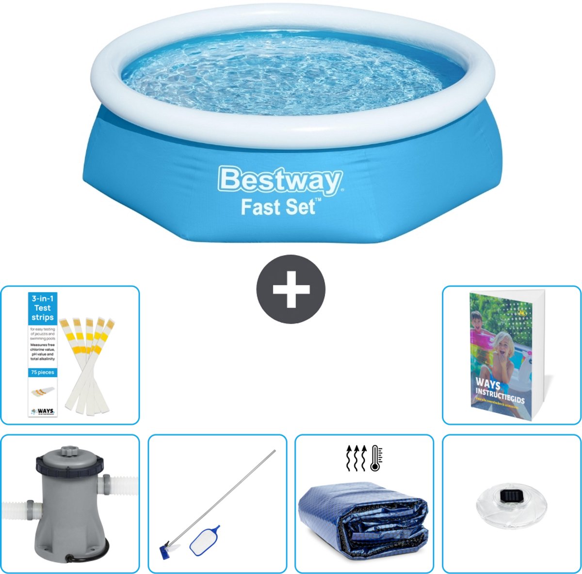 Bestway Rond Opblaasbaar Fast Set Zwembad - 244 x 61 cm - Blauw - Inclusief Pomp - Schoonmaakset - Solarzeil - Verlichting - 7-delig