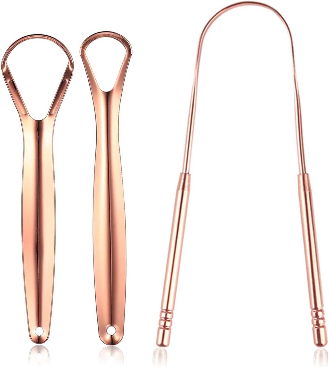 Tongreiniger Set - Mondverzorging Schraper - Frisse Adem - Roestvrij Staal - 3 Stuks - Roségoud