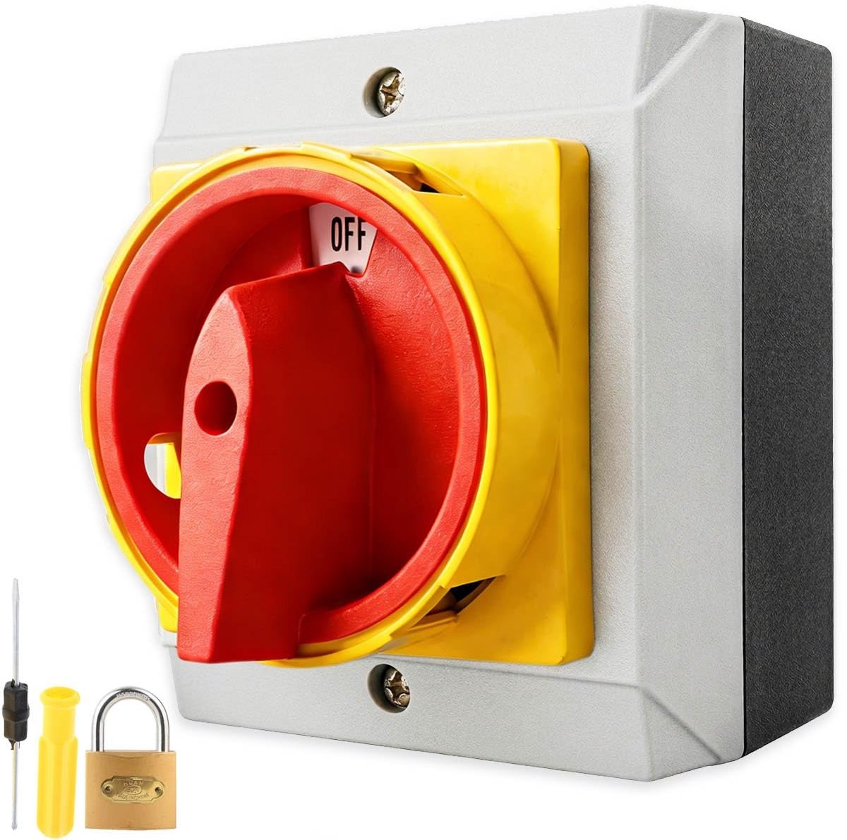 Hoofdschakelaar 25 A 3-polig met nood-uitfunctie en behuizing voor elektrische installaties, veilig en betrouwbaar met tuimelschakelaar en dubbele schroevendraaier