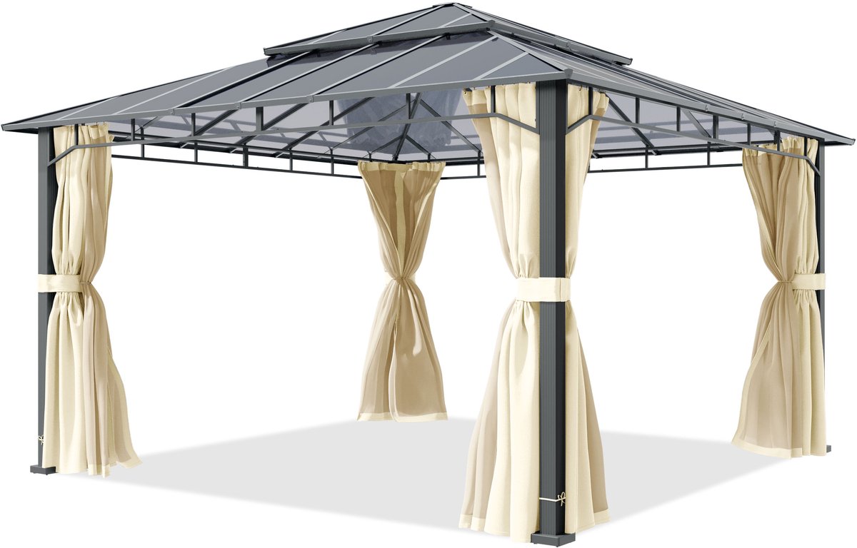 TOOLPORT Tuinpaviljoen 4x4 m, aluminium, polycarbonaat dak ca. 8 mm, beige - met zijwanden en muggennetten