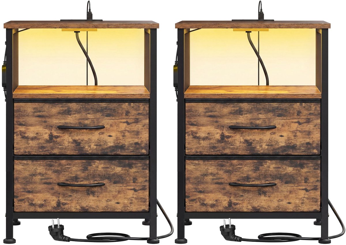 Nachtkastje met ledverlichting en oplaadstation - 30 x 39,6 x 60,4 cm - Bruin