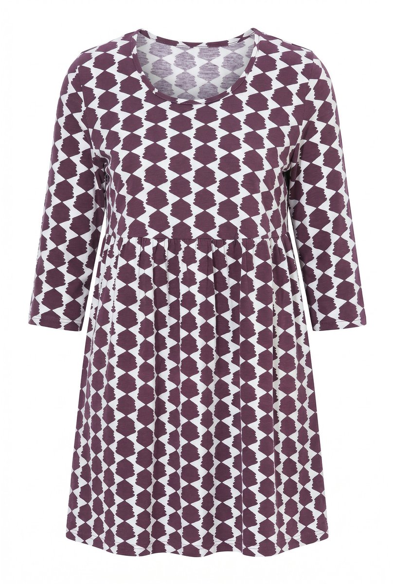 Ulla Popken - Dames - Lang shirt grafische print A-lijn ronde hals 3/4-mouwen - Nougat bruin - Maat 54+