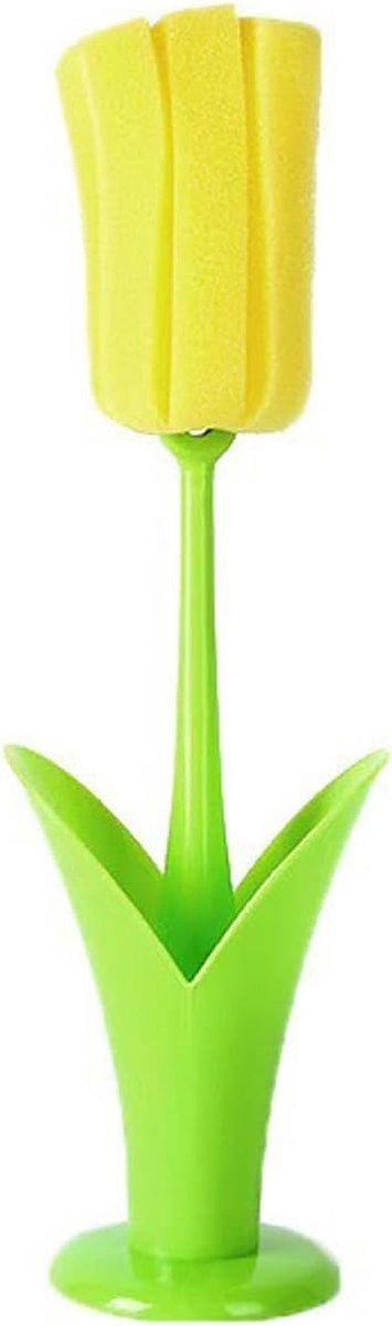 Flessenborstel met Spons - Bekerborstel Mokreiniger - Glazen Schoonmaken - Afneembare Dikke Spons - 24 cm - Geel