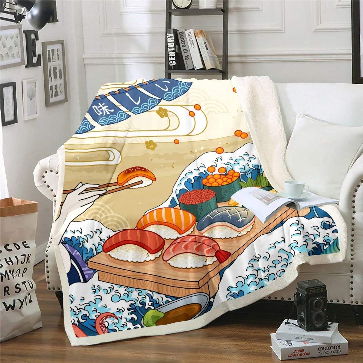 SnelShoppen - Sushi Patroon Pluche Dekentje Japans Stijl Sherpa Dek voor Kinderen Jongens Meisjes Schattige Cartoon Sushi Fleece Throw Dekentje 50 x 6