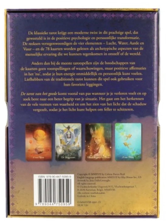 Emballage de 'Le Tarot du Bien'. Détails de quatre cartes de tarot, code-barres et informations sur le produit.