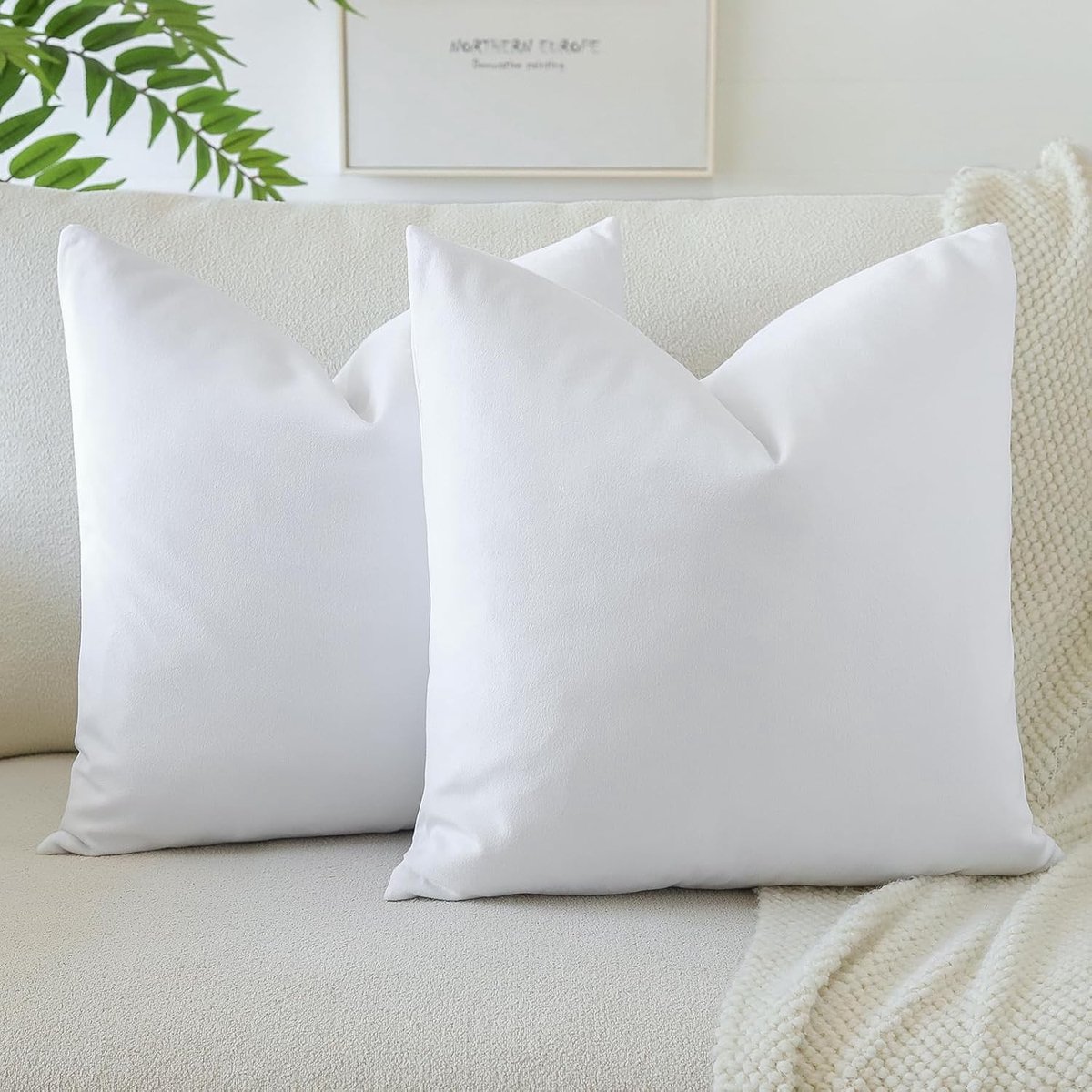 Set van 2 Zachte Velours Kussenslopen 40 x 40 cm voor Woonkamer en Slaapkamer Decoratie - Vierkante Kussenhoezen in Puur Wit