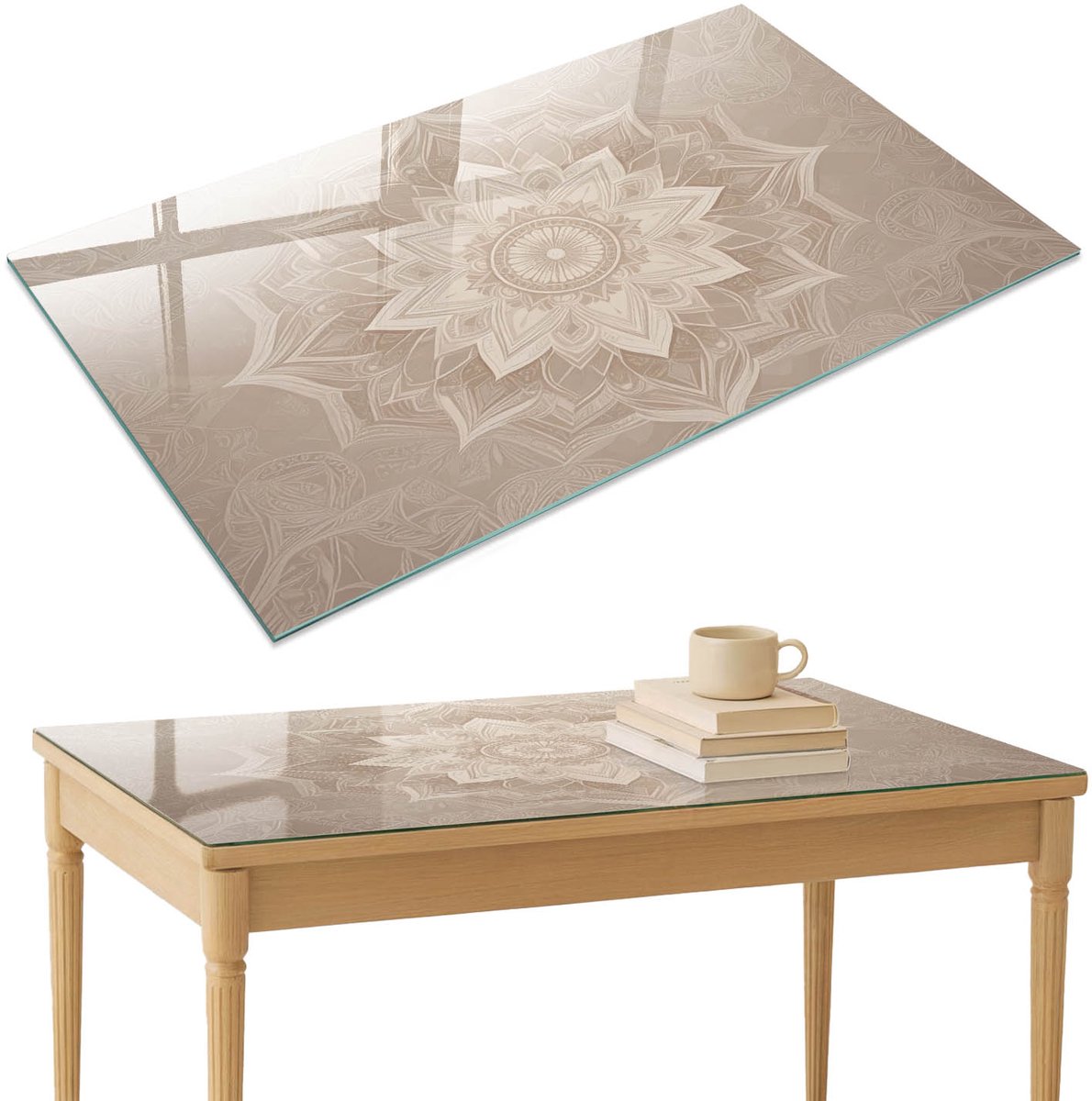 ArtPrintCave Mandala-patroon Glazen Tafelblad 120x80 cm - Tafelblad Rechthoek - Beige Tafelblad Glas - Achtergronden en patronen Eettafel Met Glasplaat