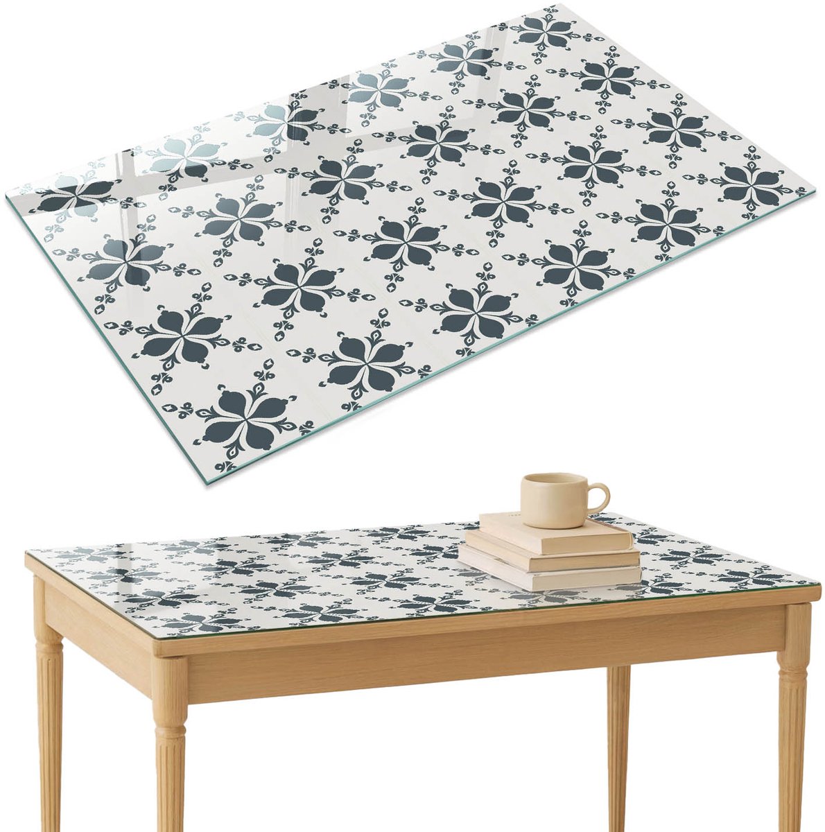 ArtPrintCave Bloemsymmetrie Glazen Tafelblad 120x80 cm - Tafelblad Rechthoek - Grijs Keukentafel - Achtergronden en patronen Keukentafel