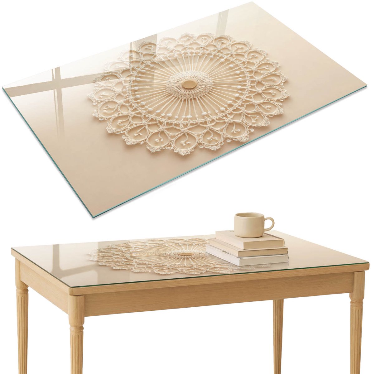 ArtPrintCave Macramé decoratie Glazen Tafelblad 120x80 cm - Tafelblad Rechthoek - Beige Eettafel Met Glasplaat - Deel Keukentafel