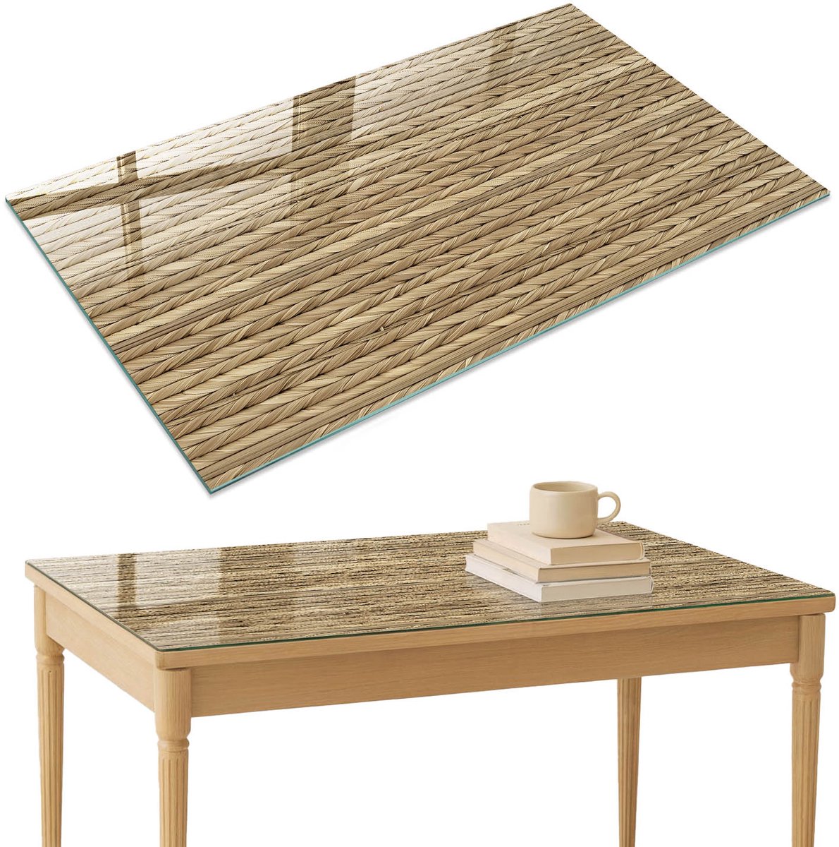 ArtPrintCave Vlechtpatroon Glazen Tafelblad 120x80 cm - Tafelblad Rechthoek - Beige Eettafel Met Glasplaat - Texturen Terrastafel