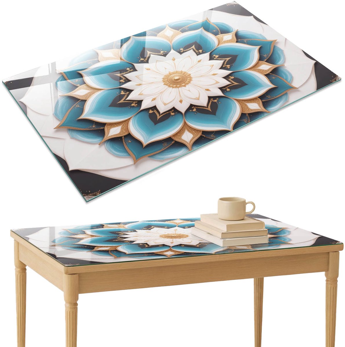 ArtPrintCave Bloemenmandala Glazen Tafelblad 120x80 cm - Tafelblad Rechthoek - Turkoois Tafelblad Glas - Abstractie Keukentafel