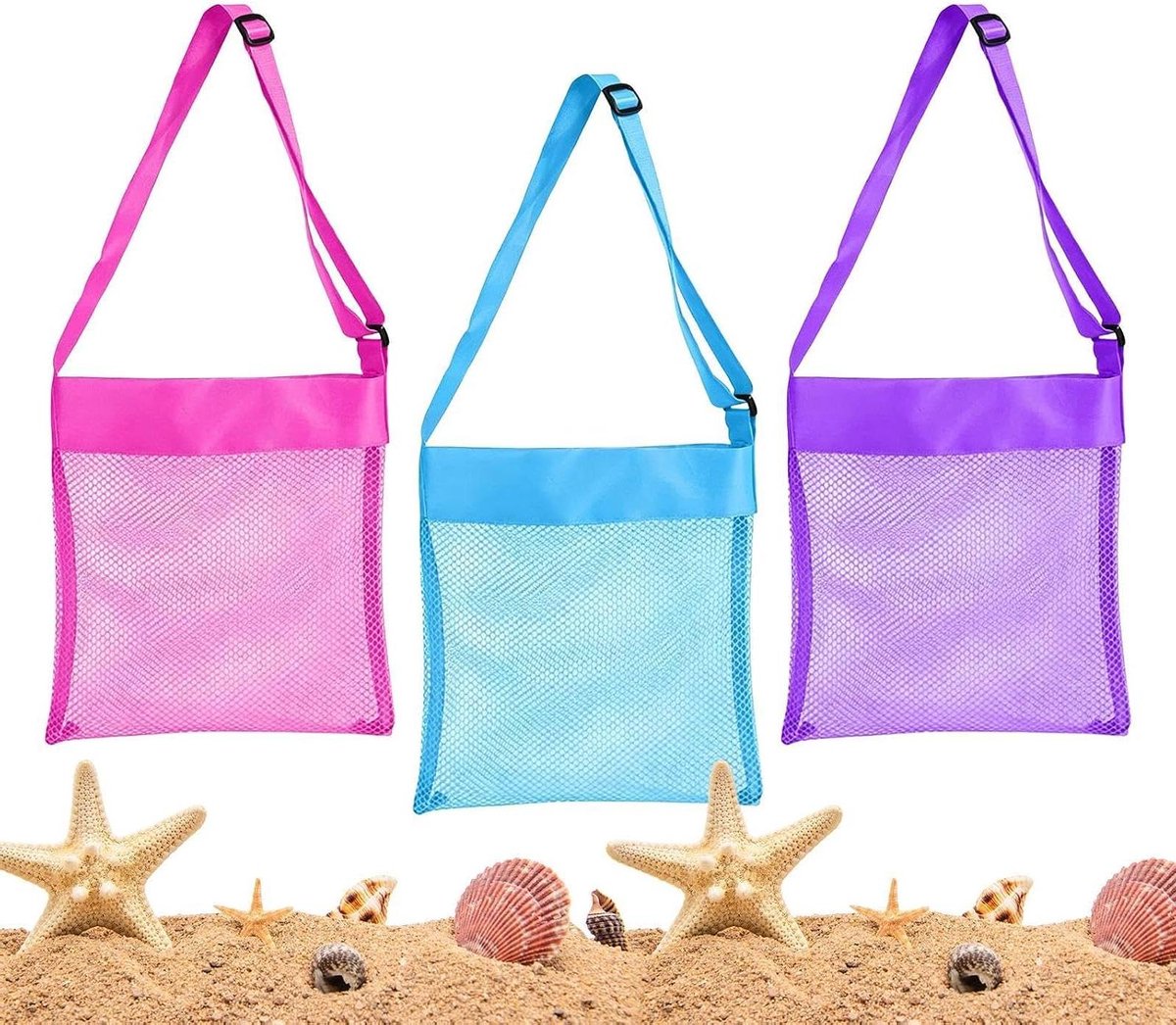 Strandspeelgoed Tas - Strandtas Mesh - Schelpen Verzamelen - Zand en Water Afvoer - 22x13x1 cm - Blauw Roze Violet
