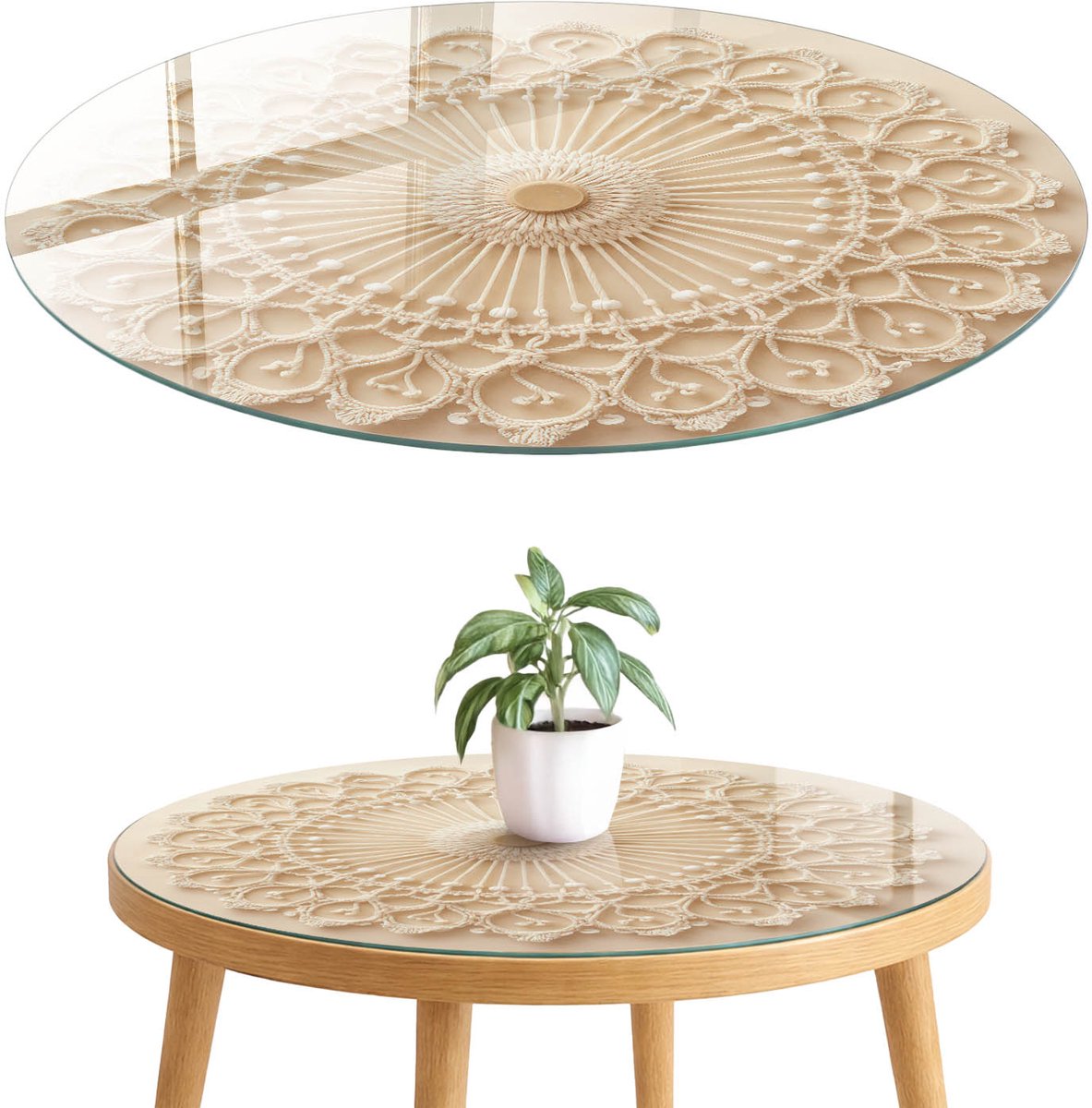 ArtPrintCave Macramé decoratie Glazen Tafelblad fi70 cm - Tafelblad Rond - Beige Terrastafel - Deel Tafelblad Glas