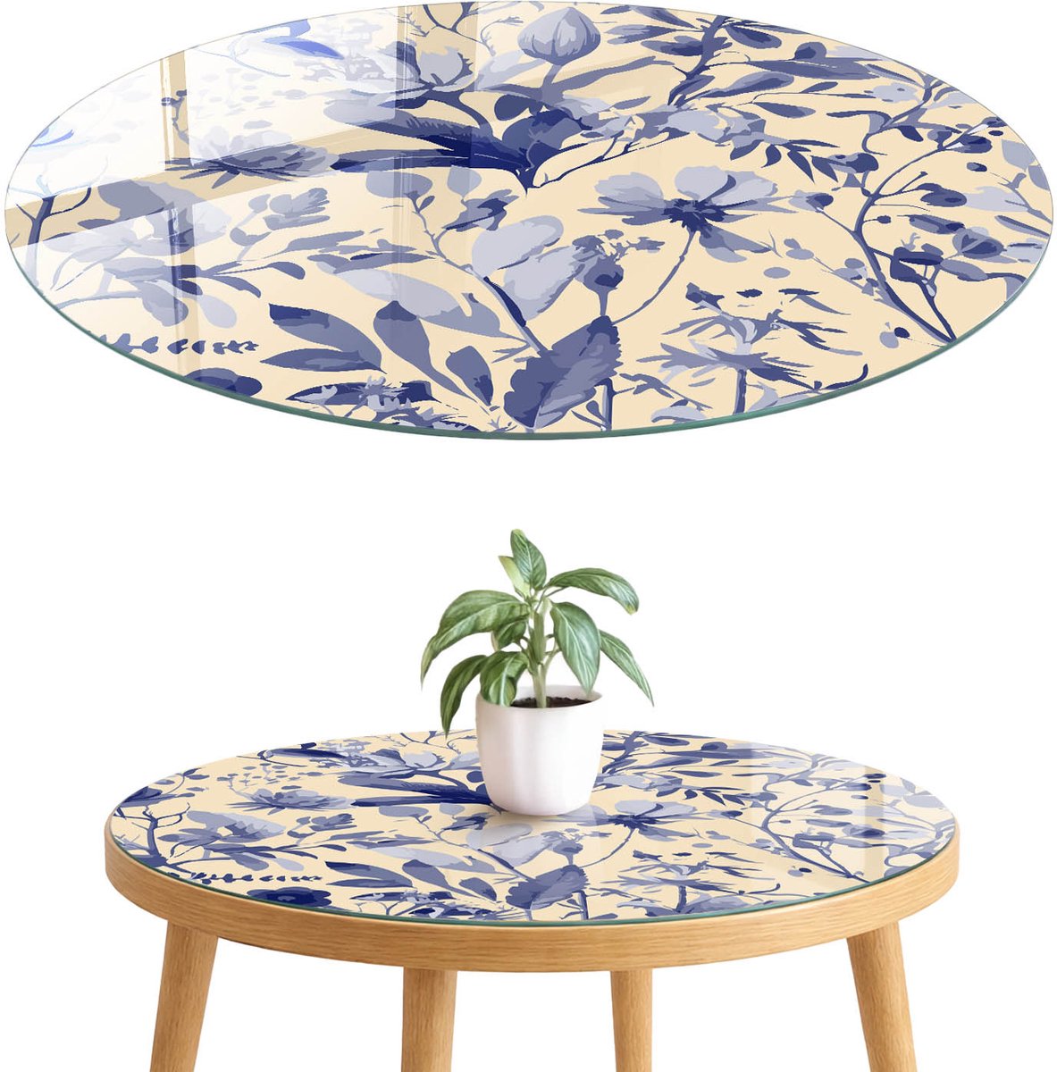ArtPrintCave Blauwe bloemen Glazen Tafelblad fi70 cm - Tafelblad Rond - Romig Keukentafel - Bloemen en planten Glasplaat