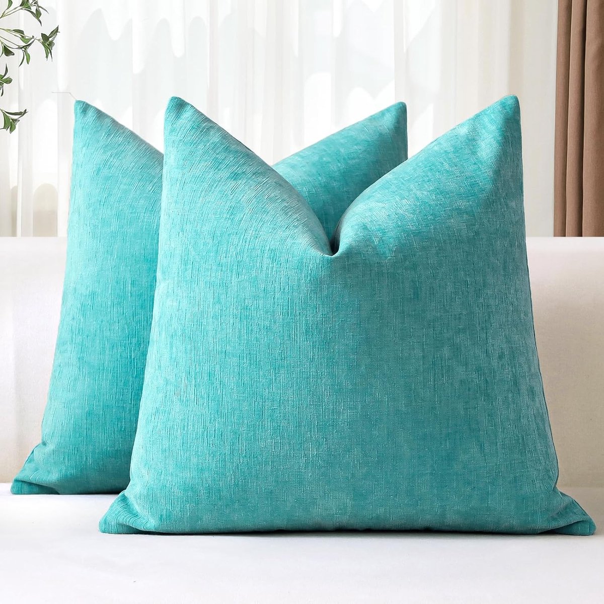 Set van 2 Decoratieve Kussenhoezen 40x40cm Zacht Chenille Turquoise voor Sofa en Woonkamer, Vierkante Kussenhoezen voor Thuisdecoratie
